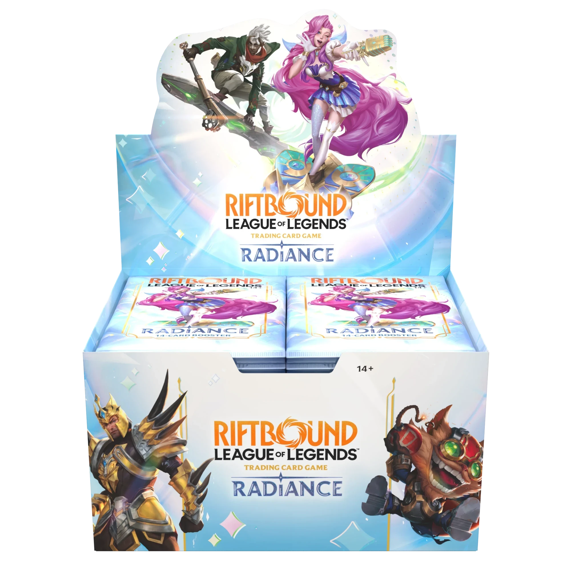 Présentoir de boosters Rift&Loot Riftbound Radiance League of Legends avec illustrations de champions colorées