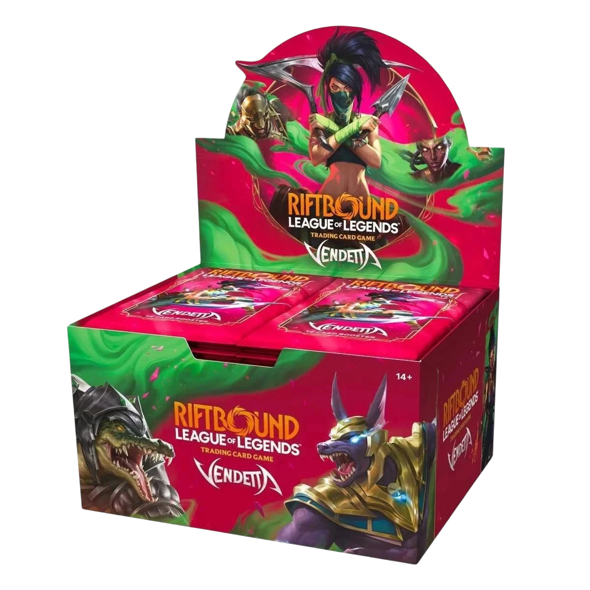 Boîte de boosters Rift&Loot Riftbound League of Legends Vendetta avec illustrations de champions sur fond rose vif
