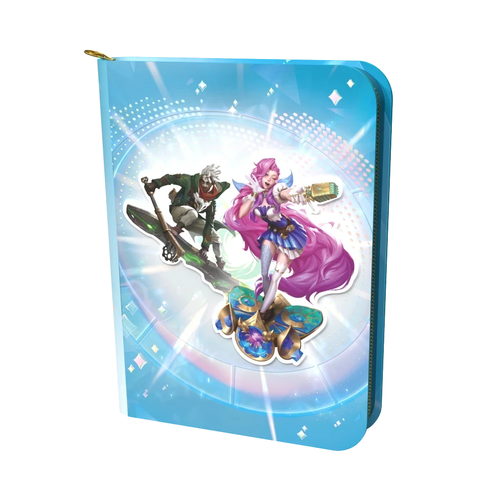 Classeur de collection Rift&Loot bleu pour cartes League of Legends avec illustrations de champions et fermeture éclair