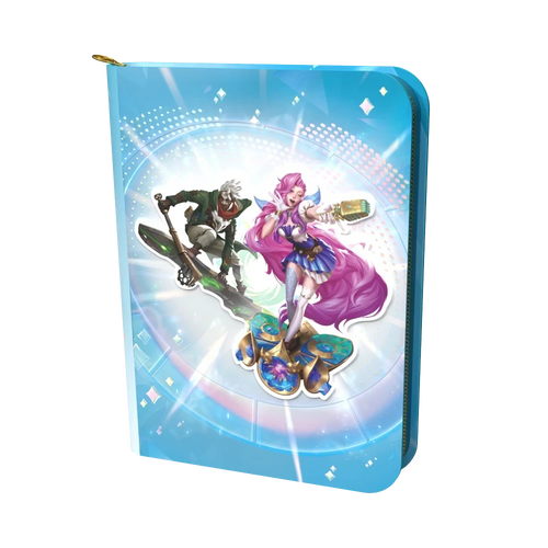Classeur de collection Rift&Loot bleu pour cartes League of Legends avec illustrations de champions et fermeture éclair