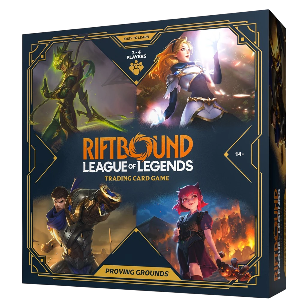 Coffret de démarrage Rift&Loot Riftbound League of Legends avec illustrations des champions Annie, Lux, Garen et Yi
