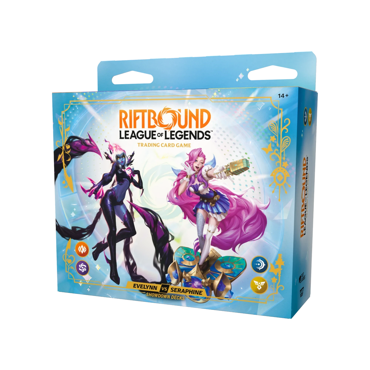 Coffret de jeu de cartes Rift&Loot League of Legends Riftbound avec Evelynn et Seraphine en duel