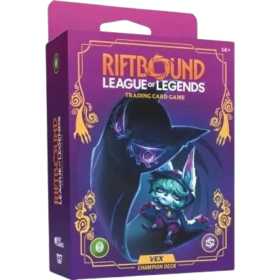 Boîte de jeu de cartes Rift&Loot Riftbound League of Legends avec le deck de champion Vex aux tons violets