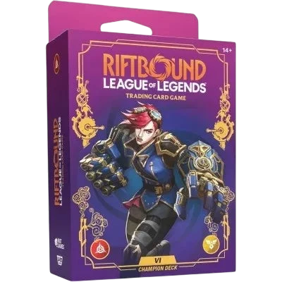 Boîte de deck Rift&Loot Riftbound League of Legends avec Vi, jeu de cartes stratégique violet et doré
