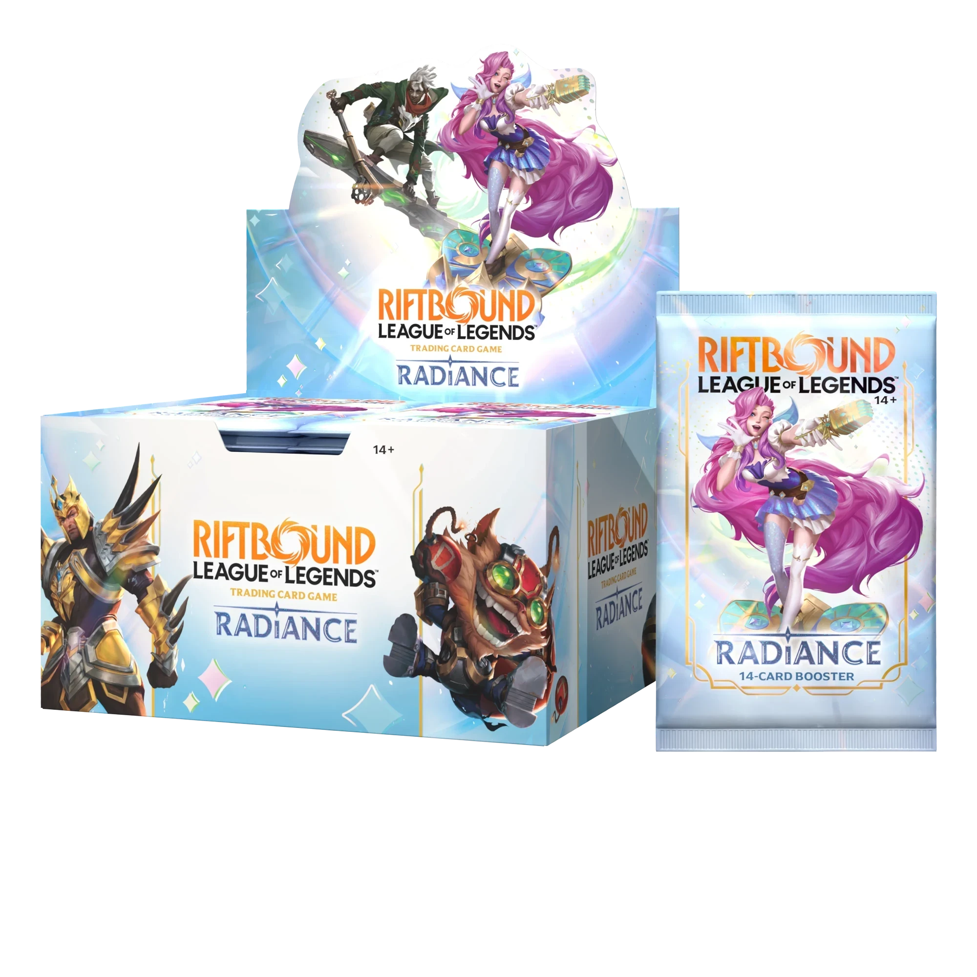 Boîte de boosters Rift&Loot RIFTBOUND League of Legends Radiance avec illustrations colorées de champions